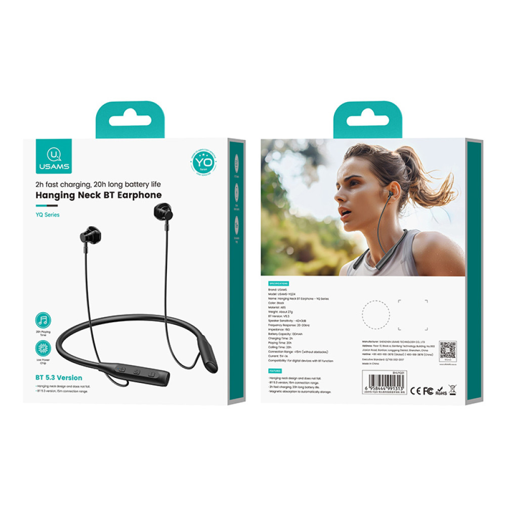 USAMS earphones YQ24 με μαγνήτη, Bluetooth, 130mAh, μαύρα