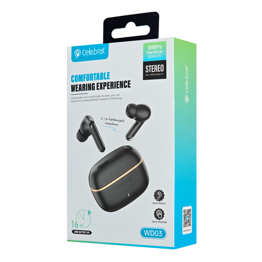 CELEBRAT earphones με θήκη φόρτισης WD03, True Wireless, 13mm, 30/300mAh, μαύρα